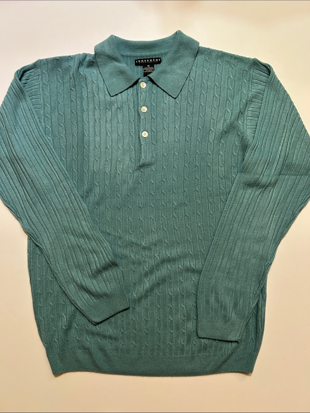 Consensus Men's Teal Cable-Knit Polo Sweater men’s Medium
